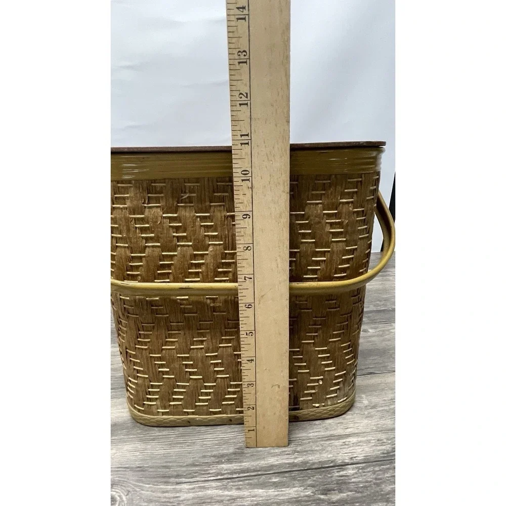 Redmon‎ Woven Picnic Basket Wood Lid Mustard Yellow Handles Vintage Style